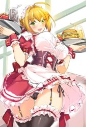 Rule 34 | 10s, 1girl, ahoge, alternate costume, apron, bad id, bad pixiv id, black panties, black thighhighs, blonde hair, blush, breasts, burger, cameltoe, dress, enmaided, fate/extra, fate (series), food, garter straps, green eyes, holding, holding plate, looking at viewer, maid, maid headdress, nero claudius (fate), nero claudius (fate) (all), nero claudius (fate/extra), open mouth, panties, pantyshot, plate, shirokuma a, smile, standing, thighhighs, underwear, wrist cuffs