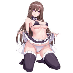 Rule 34 | 1girl, black skirt, black thighhighs, blush, braid, breasts, brown hair, cleavage, closed mouth, clothes lift, commentary request, full body, gluteal fold, hair between eyes, huyumitsu, kneeling, lifting own clothes, long hair, looking at viewer, medium breasts, original, panties, purple eyes, side braid, simple background, skindentation, skirt, skirt lift, smile, solo, thighhighs, thighs, underboob, underwear, very long hair, white background, white panties