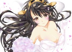 Rule 34 | 10s, 1girl, aizawa hiroshi, bare shoulders, black hair, bouquet, breasts, bridal veil, bride, brown eyes, cleavage, dress, elbow gloves, flower, gloves, hairband, haruna (kancolle), kantai collection, large breasts, light smile, long hair, petals, solo, veil, wedding dress
