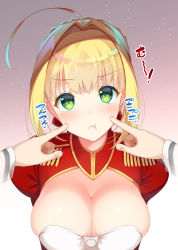 Rule 34 | !, 10s, 1girl, ahoge, asahina hikage, blonde hair, blush, braid, breasts, cleavage, epaulettes, fate/extra, fate (series), gradient background, green eyes, hair intakes, large breasts, looking at viewer, nero claudius (fate), nero claudius (fate) (all), nero claudius (fate/extra), one eye closed, poking, pout, skindentation, smile, solo, upper body