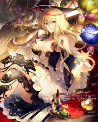 Rule 34 | 1girl, bad id, bad pixiv id, breasts, cleavage, dress, hat, long hair, looking at viewer, medium breasts, nekonabe ao, open mouth, ornate clothing, red eyes, sitting, solo, star (symbol), tenkuu no crystalia, thighhighs, very long hair