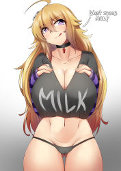 Rule 34 | 1girl, absurdres, ahoge, black choker, black panties, black shirt, blonde hair, breasts, choker, cleavage, collarbone, cowboy shot, crop top, english text, gluteal fold, gradient background, hair between eyes, hands on own chest, head tilt, highres, huge breasts, licking lips, midriff, navel, panties, purple eyes, rwby, shirt, signature, standing, striped sleeves, thick thighs, thighs, tongue, tongue out, underwear, yang xiao long, z666ful