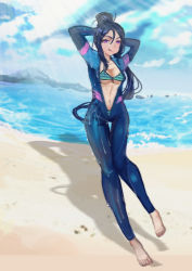 Rule 34 | 1girl, arm behind head, artist name, artist request, beach, bikini, bikini top only, blue hair, blue sky, blush, bodysuit, breasts, cleavage, cloud, diving suit, feet, female focus, full body, l0ssl3ssarts, long hair, looking at viewer, love live!, love live! school idol festival, love live! sunshine!!, matsuura kanan, ocean, outdoors, parted lips, ponytail, purple eyes, sky, small breasts, smile, solo, striped bikini, striped clothes, swimsuit, wetsuit