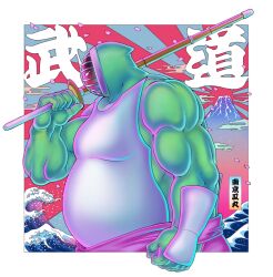 Rule 34 | 1boy, artist request, biceps, big the budo, holding, holding sword, holding weapon, kinnikuman, looking to the side, muscular, ocean, shaded face, sky, solo, sword, water, weapon, wooden sword