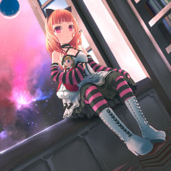 Rule 34 | 1girl, animal ears, boots, cat ears, doll, elbow gloves, gloves, goth fashion, gothic lolita, knee boots, lolita fashion, long hair, pink eyes, red hair, skirt, solo, space, striped, thighhighs, uni (plastic girl)