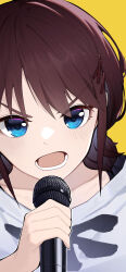 Rule 34 | 1girl, blue eyes, blush, brown hair, chinese commentary, commentary request, girls band cry, highres, holding, holding microphone, iseri nina, microphone, music, open mouth, shirt, short twintails, simple background, singing, solo, twintails, upper body, white shirt, yellow background, yun cao bing