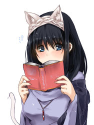 Rule 34 | 10s, 1girl, animal ears, bad id, bad pixiv id, black hair, blue eyes, blush, book, cat ears, cat tail, embarrassed, flying sweatdrops, hairband, highres, idolmaster, idolmaster cinderella girls, jewelry, long hair, long sleeves, looking at viewer, paopao, pendant, sagisawa fumika, shawl, simple background, sketch, solo, tail, white background