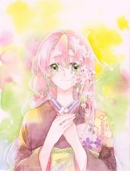 Rule 34 | 1girl, braid, cherry blossoms, closed mouth, crying, crying with eyes open, flower, green eyes, green hair, hair flower, hair ornament, highres, japanese clothes, kanroji mitsuri, kimetsu no yaiba, long hair, long sleeves, looking at viewer, mole, mole under eye, multicolored background, multicolored hair, obi, own hands together, pink hair, sash, smile, solo, streaming tears, striped, sunrise rhyme, tears, upper body
