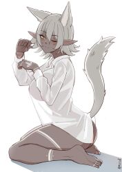 Rule 34 | 1girl, absurdres, animal ears, arm tattoo, ass, barefoot, blush, breasts, cat ears, cat tail, closed mouth, dark-skinned female, dark elf, dark skin, elf, extra ears, green eyes, grey hair, hair between eyes, highres, large breasts, long sleeves, looking at viewer, mawaridi, naked shirt, one eye closed, original, pointy ears, shadow, shirt, short hair, simple background, smile, solo, tail, tattoo, toes, twitter username, white background, white shirt, yvonne (mawaridi)
