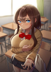 Rule 34 | 1girl, blue eyes, blush, bow, bowtie, breasts, brown hair, brown sweater, chair, classroom, closed mouth, curtains, desk, hair between eyes, holding, indoors, large breasts, long hair, long sleeves, looking at viewer, maku ro, open clothes, open shirt, original, red bow, red bowtie, school chair, school uniform, shirt, standing, sweater, white shirt, window