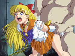 Rule 34 | 1boy, 1girl, aino minako, alley, arm grab, arm held back, bent over, bishoujo senshi sailor moon, blonde hair, blue eyes, bow, breasts, chain, clothed female nude male, collar, collarbone, crying, crying with eyes open, diadem, dirty, dirty clothes, doggystyle, earrings, elbow gloves, eyelashes, facing viewer, gloves, hair bow, hair ornament, hetero, holding another&#039;s wrist, injury, jewelry, leotard, long hair, magical girl, medium breasts, nude, open mouth, orange sailor collar, orange skirt, pleated skirt, public use, rape, red bow, sailor collar, sailor senshi uniform, sailor venus, school uniform, serafuku, sex, sex from behind, sex slave, short sleeves, skirt, slave, solo focus, spread legs, stud earrings, sweat, tarekatsu, tears, teeth, tiara, tongue, torn clothes, trash bag, upper teeth only, white gloves, yellow bow
