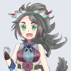 Rule 34 | 1girl, animal ears, bare shoulders, breasts, brown gloves, duel monster, fang, fingerless gloves, gloves, green eyes, grey background, hair ornament, looking at viewer, medium breasts, open mouth, simple background, solo, tail, upper body, wolf ears, wolf tail, yu-gi-oh!, zoodiac chakanine