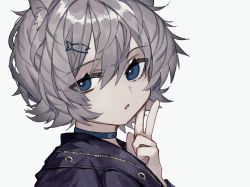 Rule 34 | 1girl, animal ear fluff, animal ears, black jacket, blue choker, blue eyes, cat ears, choker, commentary request, deep (deep4946), fish hair ornament, hair between eyes, hair ornament, hairclip, hand up, jacket, looking at viewer, original, portrait, short hair, silver hair, simple background, solo, v, white background