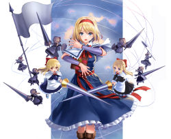 Rule 34 | 1girl, alice margatroid, apron, black dress, blonde hair, blue dress, blue eyes, book, boots, bow, brown footwear, capelet, commentary request, detached sleeves, doll, dress, feet out of frame, flag, frilled dress, frills, hair bow, hairband, highres, hirono (hxze4434), holding, holding flag, holding lance, holding polearm, holding shield, holding weapon, hourai doll, keyhole, knee boots, lance, long hair, looking at viewer, mini person, minigirl, multiple girls, open mouth, polearm, puppet strings, purple dress, red eyes, red hairband, shanghai doll, shield, short hair, short sleeves, solo, touhou, waist apron, weapon, white capelet