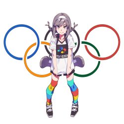 Rule 34 | 1girl, 2020, 2020 summer olympics, backpack, bad id, bad pixiv id, bag, black footwear, braid, clothes writing, commentary request, grey eyes, grey hair, grin, hairband, highres, kamameshi gougoumaru, looking at viewer, multicolored clothes, multicolored legwear, olympic rings, olympics, original, parted lips, pigeon-toed, shirt, shoes, short shorts, shorts, simple background, smile, solo, standing, striped clothes, striped thighhighs, thighhighs, twin braids, white background, white shirt