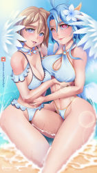 Rule 34 | ahoge, alternate breast size, bare shoulders, beach, bikini, blanc (neptunia), blue eyes, blue hair, blush, grabbing another&#039;s breast, breasts, brown hair, cleavage, cleavage cutout, closed mouth, clothing cutout, commentary, english commentary, feet out of frame, flower, frilled bikini, frills, grabbing, hair flower, hair ornament, hanshyn, highres, large breasts, light blue hair, lips, looking at viewer, navel, neptune (series), open mouth, partially submerged, patreon logo, patreon username, power symbol, red eyes, short hair, short hair with long locks, sidelocks, sitting, smile, swimsuit, symbol-shaped pupils, teeth, white bikini, white heart (neptunia), wings