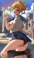 Rule 34 | 1girl, absurdres, ass, bags under eyes, black socks, blonde hair, blue sailor collar, blue skirt, blue sky, blunt bangs, boku no hero academia, breasts, brown footwear, building, cloud, commentary, day, english commentary, from side, highres, kneehighs, loafers, looking at viewer, medium breasts, messy hair, miniskirt, necktie, open mouth, outdoors, panties, pleated skirt, rainbow, red necktie, sailor collar, school uniform, serafuku, shirt, shoes, short sleeves, skirt, sky, slit pupils, socks, solo, standing, standing on one leg, thighs, toga himiko, underwear, wedgie, white shirt, yellow eyes, zd (pixiv6210083)
