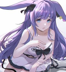 Rule 34 | 1girl, animal ears, arknights, black hair, blue eyes, bow, breasts, chinese commentary, collarbone, cowboy shot, hair bow, hand on own chest, heart, highres, long hair, looking at viewer, medium breasts, official alternate costume, one-piece swimsuit, open mouth, purple hair, rabbit ears, rope (arknights), rope (summer flowers) (arknights), sample watermark, simple background, solo, star (symbol), swimsuit, very long hair, watermark, white background, white one-piece swimsuit, yiyizi