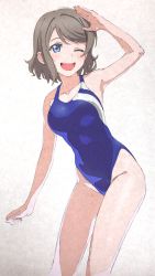 Rule 34 | 10s, 1girl, blue eyes, blue one-piece swimsuit, brown hair, collarbone, competition swimsuit, ganko-chan (shashaneko123), groin, highres, leaning forward, looking at viewer, love live!, love live! sunshine!!, one-piece swimsuit, one eye closed, open mouth, salute, short hair, smile, solo, standing, swimsuit, thighs, traditional media, watanabe you