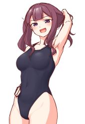 Rule 34 | 1girl, black eyes, black hair, black one-piece swimsuit, breasts, commentary request, competition swimsuit, covered navel, cowboy shot, highres, holding, holding hair, long hair, medium breasts, one-piece swimsuit, open mouth, original, smile, solo, sparkling yudofu, standing, swimsuit