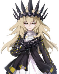 Rule 34 | 1girl, :d, black dress, black rock shooter, blonde hair, chariot (black rock shooter), crown, dress, hand on own chest, highres, long hair, looking at viewer, mechanical hands, messy hair, nyoro (nyoronyoro000), open mouth, partially unzipped, simple background, smile, solo, white background, white dress, yellow eyes