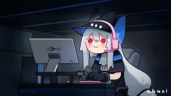 Rule 34 | 1girl, arknights, artist name, black capelet, black gloves, blue hat, capelet, closed mouth, commentary, computer, dark room, gloves, hat, indoors, kani fish, long hair, on chair, red eyes, sad, sidelocks, silver hair, sitting, skadi (arknights), solo, symbol-only commentary, tearing up