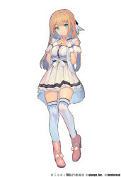 Rule 34 | 1girl, aqua eyes, artist request, boots, braid, bushiroad, copyright request, dress, french braid, high heel boots, high heels, highres, lace, lace-trimmed legwear, lace trim, light brown hair, long hair, own hands together, solo, standing, standing on one leg, thighhighs, white dress, white thighhighs, wrist cuffs