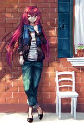 Rule 34 | 1girl, alternate costume, brick wall, chair, contemporary, dappled sunlight, denim, fal (fal-se-0), fate/grand order, fate (series), highres, jeans, long hair, pants, plant, potted plant, purple eyes, purple hair, scarf, scathach (fate), smile, solo, sunlight, watch, wristwatch