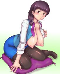 Rule 34 | 10s, 1girl, braid, breasts, brown eyes, brown hair, feet, female focus, kneeling, large breasts, miniskirt, mole, nipples, no bra, open clothes, open shirt, orizen, pantyhose, pillow, pointy breasts, sagging breasts, shirt, skirt, solo, takamiya komachi, witch craft works