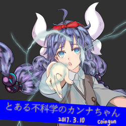 Rule 34 | 1girl, 2017, absurdres, ahoge, alternate costume, blue eyes, coingun, commentary request, cosplay, dated, dragon girl, dragon horns, electricity, electrokinesis, grey background, hair bobbles, hair ornament, hairband, highres, horns, kanna kamui, kobayashi-san chi no maidragon, light purple hair, lightning, looking at viewer, low twintails, misaka mikoto, parody, pointing, pointing at viewer, power connection, school uniform, simple background, slit pupils, solo, toaru kagaku no railgun, toaru majutsu no index, trait connection, translated, twintails