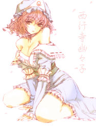 Rule 34 | 1girl, arm support, bare shoulders, breasts, choker, cleavage, female focus, hat, head tilt, japanese clothes, kuronuko neero, large breasts, leaning forward, off shoulder, pale color, pink eyes, pink hair, saigyouji yuyuko, short hair, sitting, sketch, solo, touhou, wariza, white background
