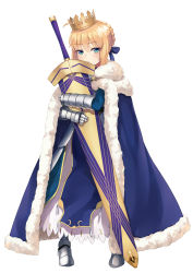 Rule 34 | 1girl, absurdres, ahoge, armor, armored boots, armored dress, artoria pendragon (fate), avalon (fate/stay night), blonde hair, blue eyes, boots, bow, cape, carrying, commentary request, crown, fate/stay night, fate (series), full body, gauntlets, hair bow, hair ribbon, highres, looking at viewer, ribbon, saber (fate), simple background, solo, taira (pixiv9613131), white background