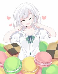 Rule 34 | 1girl, :d, ^ ^, blush, checkerboard cookie, closed eyes, collarbone, commentary request, cookie, dress shirt, facing viewer, fingers to cheeks, food, hair ornament, head tilt, highres, in food, long hair, macaron, open mouth, original, puffy short sleeves, puffy sleeves, shirt, short sleeves, silver hair, simple background, smile, solo, tantan men (dragon), white background, white shirt, x hair ornament