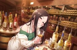 Rule 34 | 1girl, bare shoulders, barrel, blush, bottle, breasts, brown hair, cleavage, coat, coat partially removed, collarbone, cup, drinking glass, earrings, food, glint, green sweater, ham, hand on own cheek, hand on own face, head rest, hiiragi shino, idolmaster, idolmaster cinderella girls, idolmaster cinderella girls starlight stage, indoors, jewelry, looking at viewer, medium breasts, necklace, off-shoulder sweater, off shoulder, official art, parted bangs, price tag, ribbed sweater, solo, sparkle, straight hair, sweater, white coat, wine bottle, wine cellar, wine glass