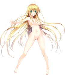 Rule 34 | 1girl, ahoge, artist request, barefoot, blonde hair, blush, breasts, completely nude, copyright request, full body, green eyes, highres, long hair, medium breasts, navel, nipples, no pussy, nude, outstretched arm, smile, solo, transparent background