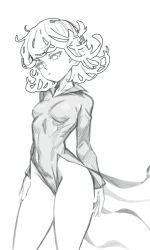 Rule 34 | 1girl, arms at sides, breasts, collarbone, covered navel, cowboy shot, dress, greyscale, groin, highres, lw goombang, medium hair, messy hair, monochrome, one-punch man, small breasts, solo, standing, tatsumaki, unfinished