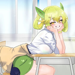 Rule 34 | 1girl, bent over, black skirt, blush, breast rest, breasts, breasts on table, chair, collared shirt, dragon girl, dragon horns, dragon wings, duel monster, from side, green eyes, green hair, green wings, hands on own face, horns, large breasts, looking at viewer, low wings, miniskirt, oldsickkim, parlor dragonmaid, school uniform, shirt, skirt, smile, table, teeth, twintails, white shirt, window, wings, yu-gi-oh!