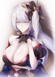 Rule 34 | 1girl, absurdres, arm under breasts, bare shoulders, black dress, black gloves, blush, breasts, cleavage, closed mouth, dark persona, detached collar, dress, fate/grand order, fate (series), glint, gloves, hair ornament, half gloves, highres, large breasts, long hair, looking to the side, marie antoinette (alter) (fate), marie antoinette (fate), pale skin, side ponytail, silver hair, smile, takagi mitsukuni, very long hair, yellow eyes