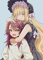 2girls absurdres blonde_hair blurry blurry_background bow brown_eyes brown_hair choppy_bangs dress frilled_dress frilled_hat frills green_eyes hair_bow hat highres hug light_blush long_hair looking_at_viewer mado_cat02 multiple_girls one_eye_closed open_mouth sidelocks smile upper_body