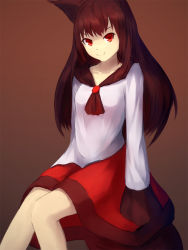 Rule 34 | 1girl, animal ears, brooch, brown background, brown hair, dress, fang, highres, imaizumi kagerou, jewelry, layered dress, long hair, long sleeves, looking at viewer, red eyes, shone, simple background, sitting, smile, solo, tail, touhou, wolf ears, wolf tail