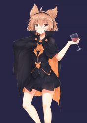 Rule 34 | 1girl, ahoge, akiteru (akiteru98), ascot, bad id, bad twitter id, belt, black cape, black shirt, black skirt, blue background, blush, brown eyes, brown hair, cape, commentary request, cup, drinking glass, earmuffs, fang, feet out of frame, grin, hair between eyes, hand up, high collar, highres, holding, holding cup, looking at viewer, miniskirt, multicolored cape, multicolored clothes, orange ascot, orange cape, pleated skirt, pointy hair, shirt, short hair, simple background, skirt, smile, solo, standing, thighs, touhou, toyosatomimi no miko, tsurime, wine glass