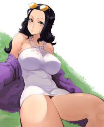 Rule 34 | 1girl, absurdres, black hair, breasts, clothes, dress, expressionless, eyewear on head, female focus, green eyes, highres, joy boy, large breasts, lying, nico robin, official alternate costume, one piece, solo, strapless, strapless dress, sunglasses, sunglasses on head, thighs, tube dress