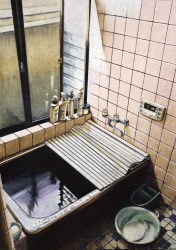 Rule 34 | basin, bathtub, colored pencil (medium), faucet, indoors, no humans, octagon and dot, original, realistic, ryota884, scenery, tile floor, tiles, traditional media, water, window
