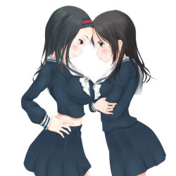 Rule 34 | 2girls, a certain high school uniform, arms under breasts, black hair, black shirt, black skirt, breast press, breasts, brown eyes, closed mouth, commentary request, feet out of frame, forehead-to-forehead, from side, fukiyose seiri, hairband, hand on own hip, heads together, kumokawa seria, large breasts, light blush, long hair, long sleeves, looking at another, midriff, multiple girls, navel, parted lips, pleated skirt, red hairband, school uniform, serafuku, shin (highest1192), shirt, skirt, smile, stomach, symmetrical docking, toaru majutsu no index, white serafuku