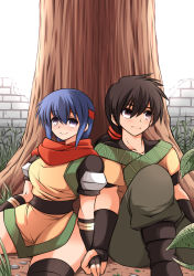Rule 34 | 1boy, 1girl, 3:, against tree, armor, armored dress, bealphareth, blue eyes, blue hair, blush, boots, breasts, brown hair, fingerless gloves, gloves, holding hands, hetero, highres, large breasts, long hair, looking at viewer, looking away, pants, philia, puska, red eyes, scarf, short hair, sitting, smile, thick thighs, thighhighs, thighs, tree, ueda katsuhito, wide hips
