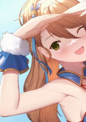 Rule 34 | 1girl, ;d, armpits, arms up, bare shoulders, beatrix (granblue fantasy), blue background, brown hair, commentary request, dutch angle, eyebrows hidden by hair, fur trim, granblue fantasy, green eyes, hair between eyes, hair ornament, highres, long hair, looking at viewer, one eye closed, open mouth, shading eyes, simple background, smile, solo, uneg, upper body
