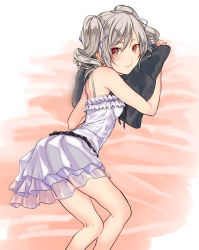 Rule 34 | 10s, 1girl, 3u, alternate costume, bad id, bad pixiv id, bare shoulders, bent over, blush, breasts, dress, drill hair, hair ribbon, holding, holding pillow, idolmaster, idolmaster cinderella girls, kanzaki ranko, kneepits, looking at viewer, lying, on bed, on side, pillow, red eyes, ribbon, silver hair, sleeveless, small breasts, smile, solo, twin drills, twintails, white dress, white ribbon