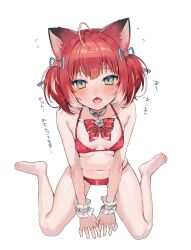 Rule 34 | 1girl, absurdres, ahoge, akami karubi, animal ears, barefoot, bikini, blue eyes, blush, breasts, cat ears, fangs, flying sweatdrops, highres, indie virtual youtuber, looking at viewer, navel, neck ribbon, open mouth, red bikini, red hair, ribbon, short hair, simple background, sinomi, small breasts, solo, swimsuit, tongue, virtual youtuber, white background, wrist cuffs, yellow eyes