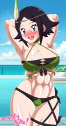 Rule 34 | 1girl, abs, artist name, bikini, blush, breasts, cleavage, curvy, fire emblem, grey eyes, highres, large breasts, legs, long hair, navel, nintendo, noire (fire emblem), open mouth, pk-studios, pool, purple hair, short hair, smile, solo, swimsuit, thick thighs, thighs, water