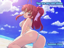 Rule 34 | 1girl, all fours, ass, beach, bikini, cloud, day, dutch angle, english text, lens flare, looking back, open mouth, original, outdoors, ponytail, red eyes, red hair, side-tie bikini bottom, sky, smile, solo, strap gap, swimsuit, tessai